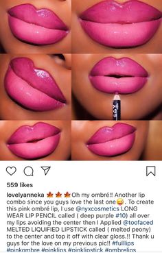 Makeup With Hot Pink Lipstick, Pink Lip Combos For Black Women, Hot Pink Lipstick Makeup Look, Pink Lipstick For Dark Skin, Pink Lip Makeup Look, Pink Ombre Lips, Pink Makeup Looks Black Women, Pink Lip Combo, Pink Lipstick Makeup