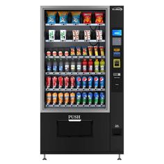 a vending machine with drinks and snacks on the display shelves for sale in front of a white background