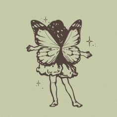 a black and white drawing of a girl with a butterfly wings on her back, standing in front of stars