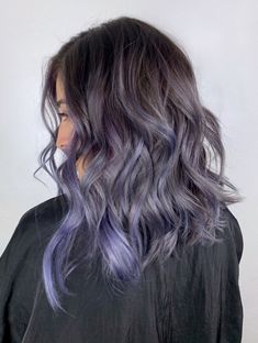 Silver Purple Hair Balayage, Ash Purple Balayage, Ashy Purple Hair Balayage, Lilac Balayage On Dark Hair, Lavender Balayage Brunette, Asian Purple Hair Balayage, Lilac Highlights Brown Hair Pastel Purple, Smokey Purple Hair, Dusty Purple Highlights