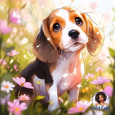 a brown and white dog sitting on top of a field of flowers