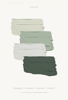 four different shades of green, white and gray paint on a white background with the words