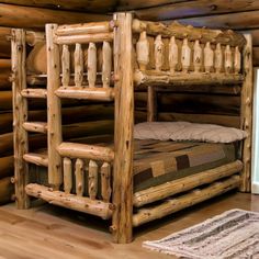 Cedar Log Queen/Queen Bunk Bed Log Bunk Beds, Log Bedroom Furniture, Log Bedroom, Lodge Furniture, Bunk Bed Ladder, Queen Bunk Beds, Rustic Log Furniture, Double Bunk Beds, Log Bed