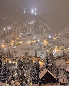 a ski resort at night covered in snow