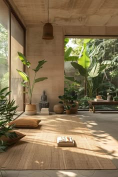 an open room with plants and books on the floor, in front of large windows