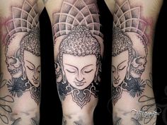 tattoos on the arms and legs of people with buddhas in their head, one is black