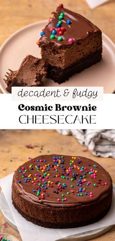 a chocolate cake with sprinkles on it and the words decadent & fudgey cosmic brownie cheesecake