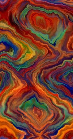 an abstract painting with multicolored waves and swirls on the surface, as well as