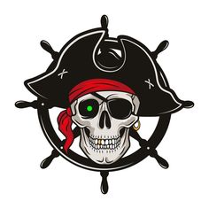 a skull wearing a pirate hat with green eyes and a bandanna around its neck