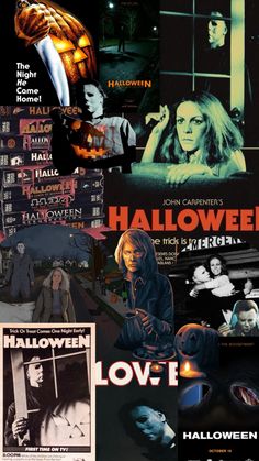 the movie poster for halloween is shown in black and white, with many different images