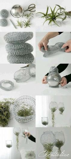 various pictures of different types of plants being made from wire and metal mesh baskets, with text overlaying the image