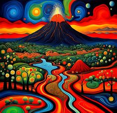 a painting of a mountain with trees and mountains in the background, surrounded by colorful swirls