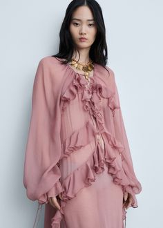 Semitransparent chiffon dress with ruffles - Woman | MANGO USA Long Sleeve Ruffle Dress, Ruffle Design, Style Muse, Dress With Ruffles, Pink Maxi, Dress Images, Gauze Fabric, Pink Boho, Fashion People