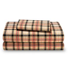 the plaid sheet set is shown in tan, black and white checkerboard pattern