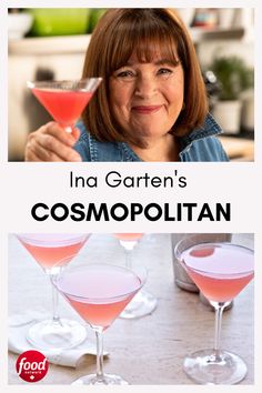 a woman holding a martini glass with pink liquid in it and the caption ina garden's cosmopolian