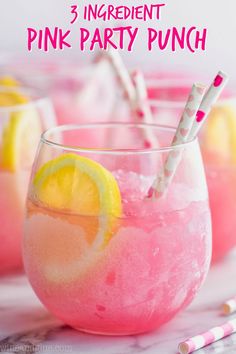 three glasses filled with pink lemonade and two straws next to eachother