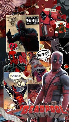 the deadpool movie poster is shown in red and black colors, with images of deadpool