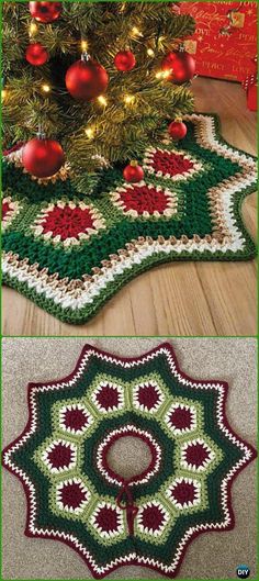 crocheted christmas tree skirt with ornaments on the floor and in front of a christmas tree