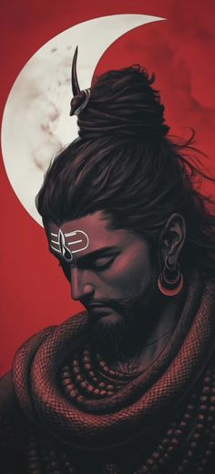 a painting of a man with long hair and horns on his head, in front of a full moon