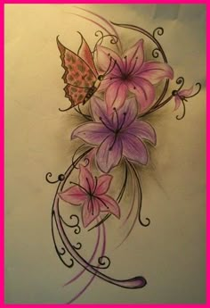 a drawing of pink flowers and butterflies on white paper with a person holding up a piece of paper