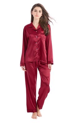 PRICES MAY VARY. High quality satin silk like women's pajamas Nicely tailored Satin Pajama Set with one front pocket on chest. Light weight material with silky feel sleepwear for comfy night sleep. Great gift for family or friend. New dark colored fabric will lose floating color from its surface, especially black. We suggest you wash your new satin products before wearing. If possible, please use neutral detergent to wash, soap or alkaline detergent may increase fading. Wash separately or with l Pijama Satin, Luxury Sleepwear, Pajama Suit, Silk Sleepwear, Silk Pajama Set, Soft Pajamas, Night Suit, Satin Pyjama Set, Pajama Pant