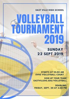 the volleyball tournament flyer is shown in blue and yellow