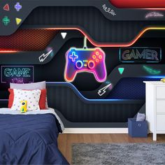 a bed room with a neatly made bed and a neon video game controller mural