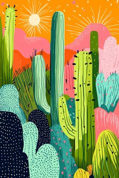 a painting of cactuses with the sun in the background