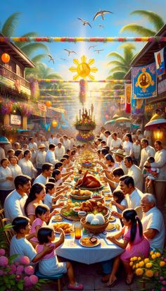 a large group of people sitting at a long table eating food in front of them