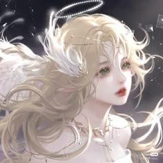 a digital painting of a woman with white hair and an angel halo around her head