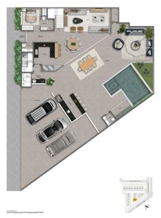 the floor plan for a house with two cars parked in front of it and an open living