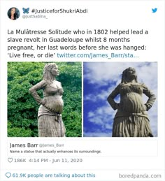 the twitter post shows an image of a statue and another photo of a woman with her hands on her hips