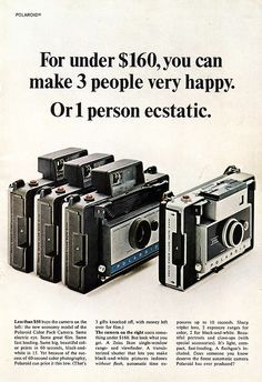 an advertisement for polaroid cameras from the 1970's shows three old camera models