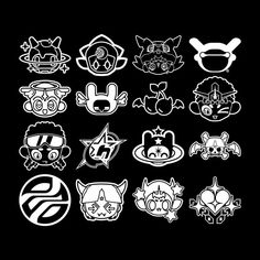 various cartoon stickers on a black background