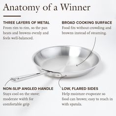 the anatomy of a stainless steel skillet with instructions on how to cook and use it