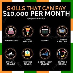 a poster with the words skills that can pay $ 10, 000 per month on it