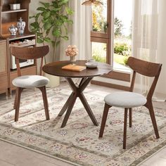 a dining room table with two chairs and a rug in front of the window that has a potted plant on it