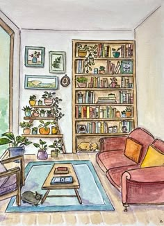 a drawing of a living room filled with furniture and bookshelves full of books