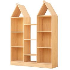 two wooden bookshelves with one open and the other closed on both sides, each containing shelves