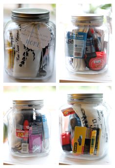 four pictures of jars filled with various items