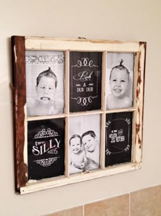 an old window is decorated with photos and sayings for the baby's first year