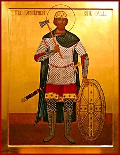 an icon with a man in armor holding a shield and two spears, standing next to a