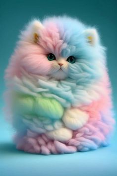 a multicolored fluffy cat sitting on top of a blue surface with its eyes wide open