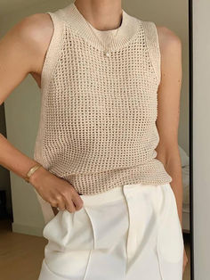 Knit Hollow Solid Vest - AnotherChill Affordable Beige Cotton Knit Top, Luxury Summer Knit Top For Work, Luxury Summer Knit Top For Layering, Cheap Sleeveless Knitted Tops, Cheap Sleeveless Knit Tops, Affordable Sleeveless Knit Tops, Cheap Stretch Knit Vest Top, Luxury Knit Vest For Spring, Spring Open Knit Sweater Vest