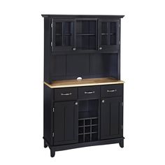 a black cabinet with wooden top and drawers