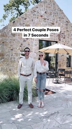 a man and woman standing next to each other in front of a stone building with the words 4 perfect couple poses in 7 seconds