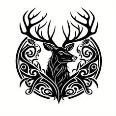 a black and white drawing of a deer's head with intricate designs on it