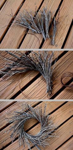 three different pictures of dried grass on a wooden floor with scissors and wire attached to it