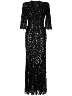 black sequin design A-line bead embellishment plunging V-neck concealed rear zip fastening three-quarter length sleeves floor-length full lining Bead Embellishment, Sequin Design, Jenny Packham, Dress Crafts, Black Sequins, Three Quarter, Dress Black, Floor Length, Red Carpet