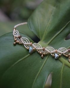 a close up of a bracelet on a leaf